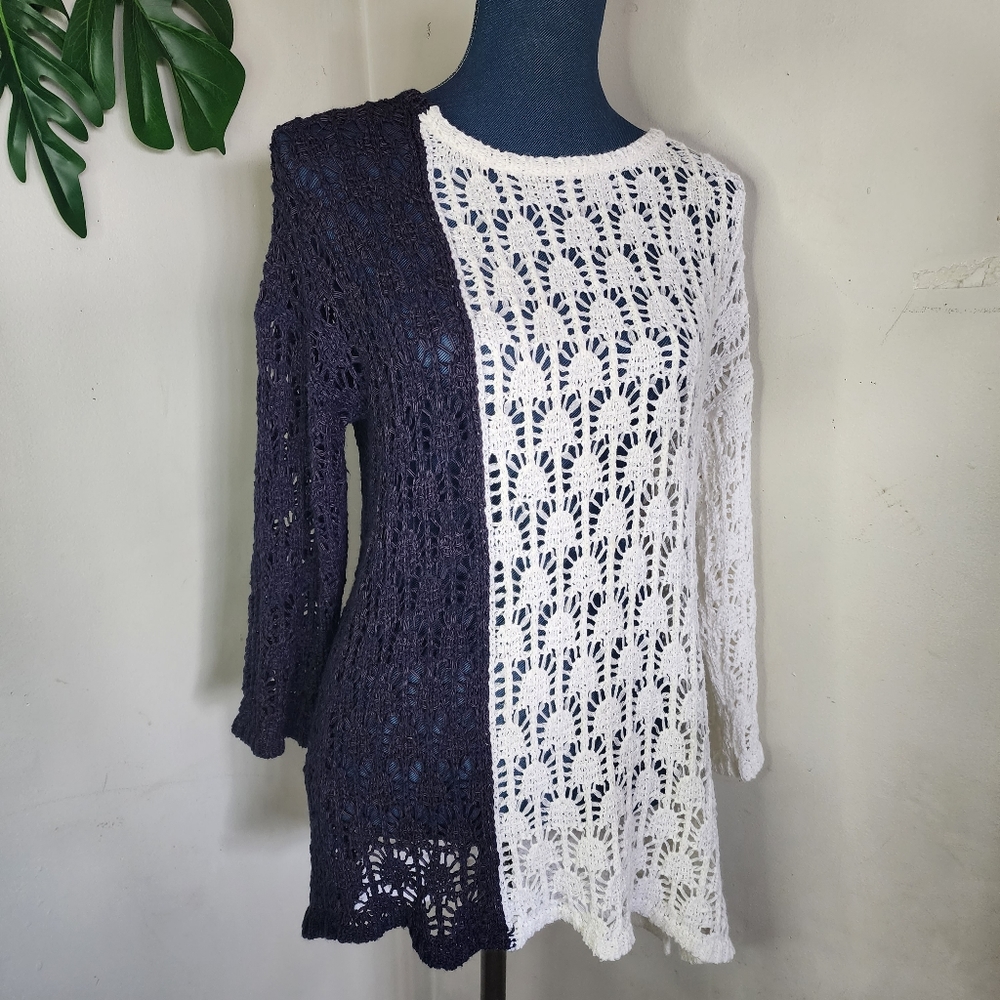 Crochet Tunic Sweater Navy Blue and White  Colorblock